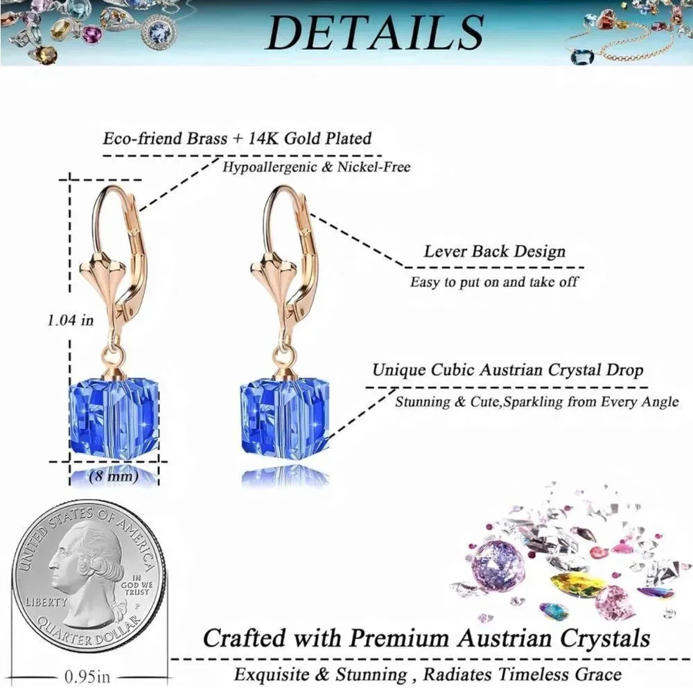 14K Yellow Gold with Blue Sapphire Austrian Crystal Cube Leverback Drop Earrings